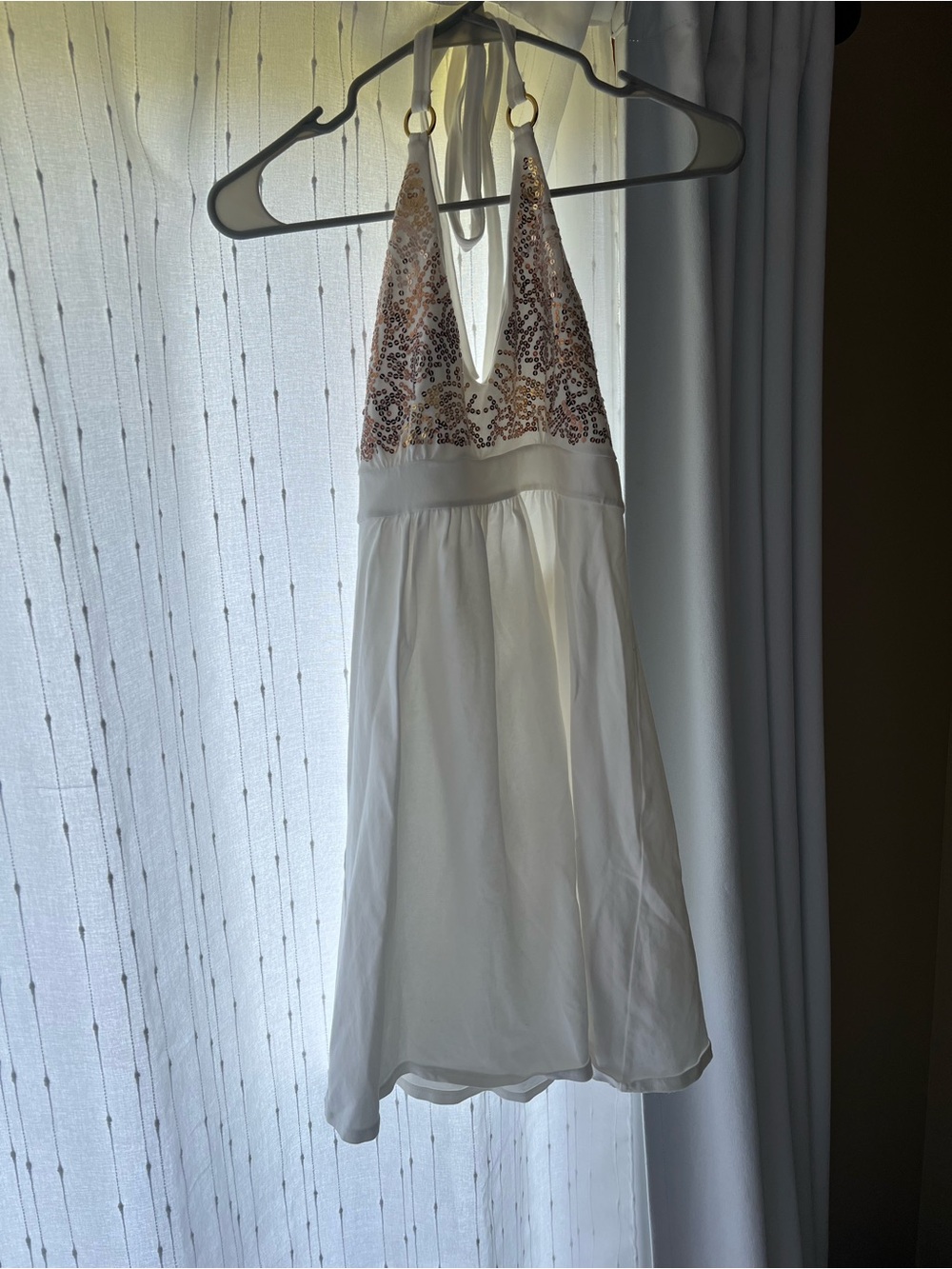 Victoria's Secret White Halter Backless Dress with Rose Gold Sequin Bodice